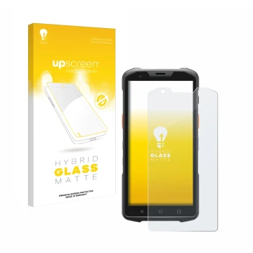 Parte frontal de un envase de producto con el logotipo de la marca upscreen. Al lado se muestra el dispositivo Sunmi L2s Pro c