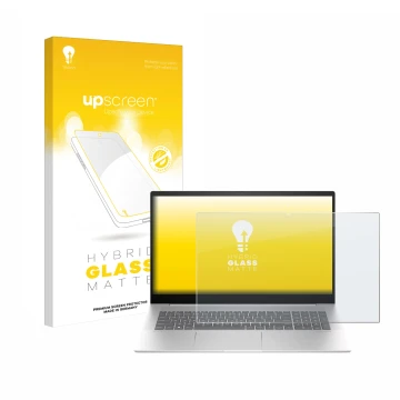 Parte frontal de un envase de producto con el logotipo de la marca upscreen. Al lado se muestra el dispositivo HP Envy 17-cw00