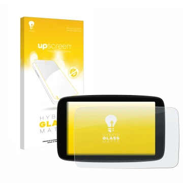 Parte frontal de un envase de producto con el logotipo de la marca upscreen. Al lado se muestra el dispositivo TomTom GO Super