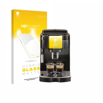 Parte frontal de un envase de producto con el logotipo de la marca upscreen. Al lado se muestra el dispositivo DeLonghi Magnif