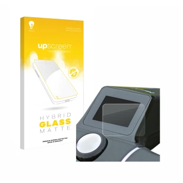 Parte frontal de un envase de producto con el logotipo de la marca upscreen. Al lado se muestra el dispositivo Motocaddy M7 Re