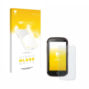 Parte frontal de un envase de producto con el logotipo de la marca upscreen. Al lado se muestra el dispositivo Unihertz Jelly 