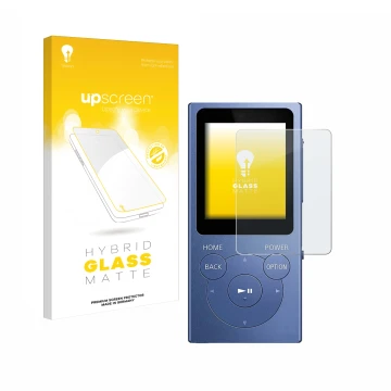 Parte frontal de un envase de producto con el logotipo de la marca upscreen. Al lado se muestra el dispositivo Sony Walkman NW