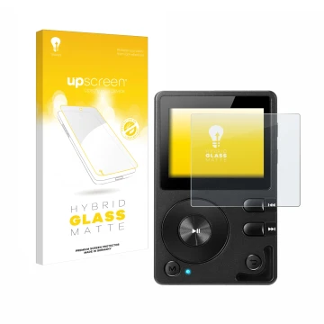 Parte frontal de un envase de producto con el logotipo de la marca upscreen. Al lado se muestra el dispositivo Hifi Walker H2 