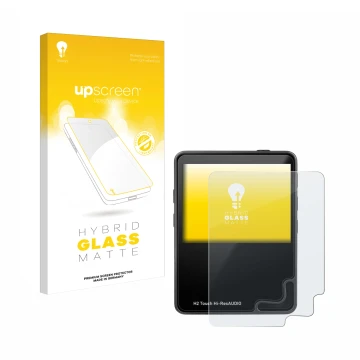 Parte frontal de un envase de producto con el logotipo de la marca upscreen. Al lado se muestra el dispositivo HifiWalker H2 t