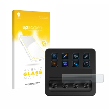 Parte frontal de un envase de producto con el logotipo de la marca upscreen. Al lado se muestra el dispositivo Elgato Stream D