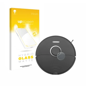 Parte frontal de un envase de producto con el logotipo de la marca upscreen. Al lado se muestra el dispositivo Roborock S8 Lid