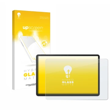 Parte frontal de un envase de producto con el logotipo de la marca upscreen. Al lado se muestra el dispositivo Huawei MatePad 