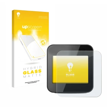 Parte frontal de un envase de producto con el logotipo de la marca upscreen. Al lado se muestra el dispositivo Cycplus GPS G1 