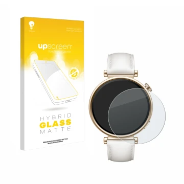 Parte frontal de un envase de producto con el logotipo de la marca upscreen. Al lado se muestra el dispositivo Huawei Watch GT