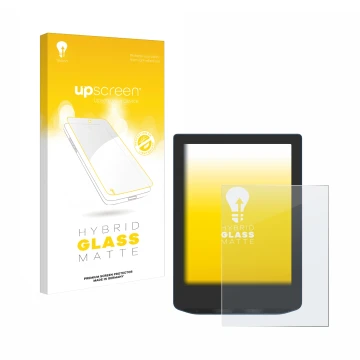 Parte frontal de un envase de producto con el logotipo de la marca upscreen. Al lado se muestra el dispositivo PocketBook Vers