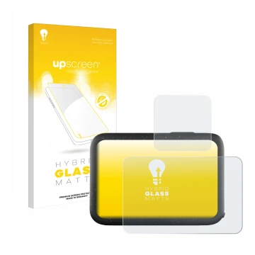 Parte frontal de un envase de producto con el logotipo de la marca upscreen. Al lado se muestra el dispositivo GoPro Hero 12 B