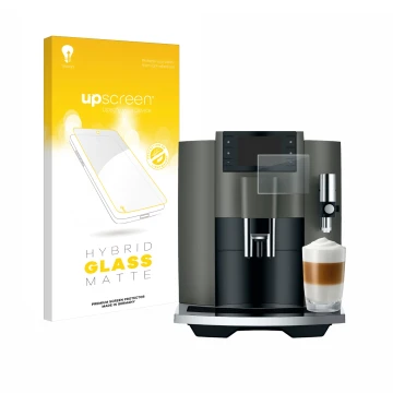 Parte frontal de un envase de producto con el logotipo de la marca upscreen. Al lado se muestra el dispositivo Jura E8 (EC) co