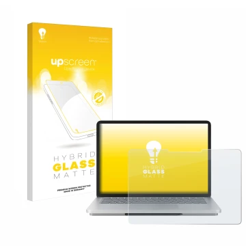 Parte frontal de un envase de producto con el logotipo de la marca upscreen. Al lado se muestra el dispositivo Microsoft Surfa