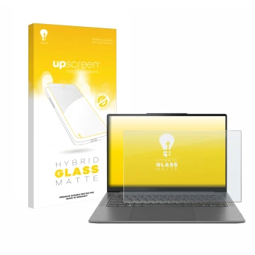 Parte frontal de un envase de producto con el logotipo de la marca upscreen. Al lado se muestra el dispositivo Lenovo Yoga Pro