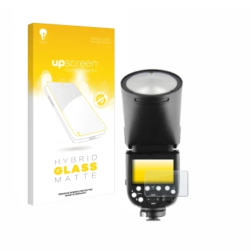 Parte frontal de un envase de producto con el logotipo de la marca upscreen. Al lado se muestra el dispositivo Godox V1 con su