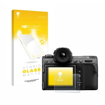 Parte frontal de un envase de producto con el logotipo de la marca upscreen. Al lado se muestra el dispositivo Fujifilm GFX100