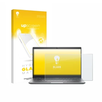 Parte frontal de un envase de producto con el logotipo de la marca upscreen. Al lado se muestra el dispositivo Dell Latitude 5