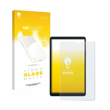 Parte frontal de un envase de producto con el logotipo de la marca upscreen. Al lado se muestra el dispositivo Blackview Tab 6