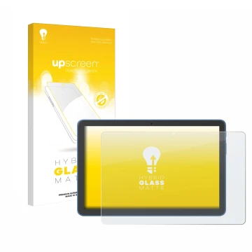 Parte frontal de un envase de producto con el logotipo de la marca upscreen. Al lado se muestra el dispositivo Amazon Fire HD 