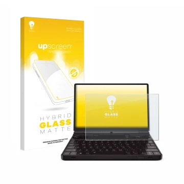 Parte frontal de un envase de producto con el logotipo de la marca upscreen. Al lado se muestra el dispositivo GPD Win Max 2 2