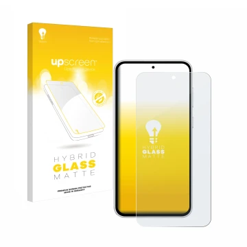 Parte frontal de un envase de producto con el logotipo de la marca upscreen. Al lado se muestra el dispositivo Samsung Galaxy 