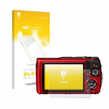 Parte frontal de un envase de producto con el logotipo de la marca upscreen. Al lado se muestra el dispositivo Olympus OM Syst