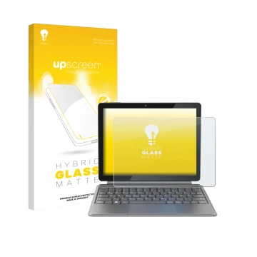 Parte frontal de un envase de producto con el logotipo de la marca upscreen. Al lado se muestra el dispositivo Alldocube iWork