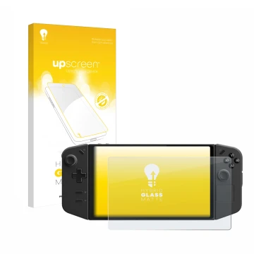 Parte frontal de un envase de producto con el logotipo de la marca upscreen. Al lado se muestra el dispositivo Lenovo Legion G