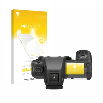 Parte frontal de un envase de producto con el logotipo de la marca upscreen. Al lado se muestra el dispositivo Fujifilm GFX100