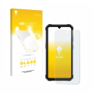Parte frontal de un envase de producto con el logotipo de la marca upscreen. Al lado se muestra el dispositivo Blackview BV530