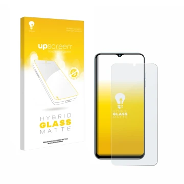 Parte frontal de un envase de producto con el logotipo de la marca upscreen. Al lado se muestra el dispositivo Oukitel C36 (20