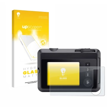 Parte frontal de un envase de producto con el logotipo de la marca upscreen. Al lado se muestra el dispositivo Leica SOFORT 2 