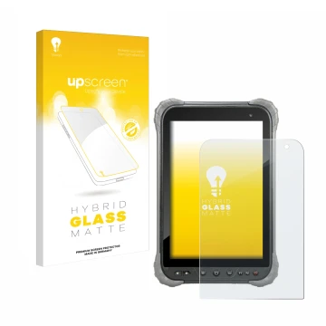 Parte frontal de un envase de producto con el logotipo de la marca upscreen. Al lado se muestra el dispositivo Juniper Systems