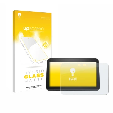 Parte frontal de un envase de producto con el logotipo de la marca upscreen. Al lado se muestra el dispositivo Amazon Echo Sho