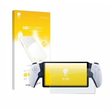 Parte frontal de un envase de producto con el logotipo de la marca upscreen. Al lado se muestra el dispositivo Sony Playstatio