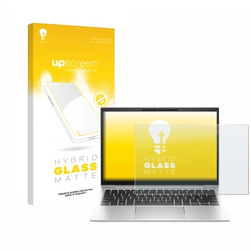Parte frontal de un envase de producto con el logotipo de la marca upscreen. Al lado se muestra el dispositivo HP EliteBook 83