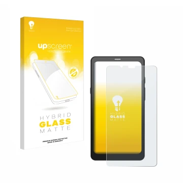Parte frontal de un envase de producto con el logotipo de la marca upscreen. Al lado se muestra el dispositivo Boox Palma con 