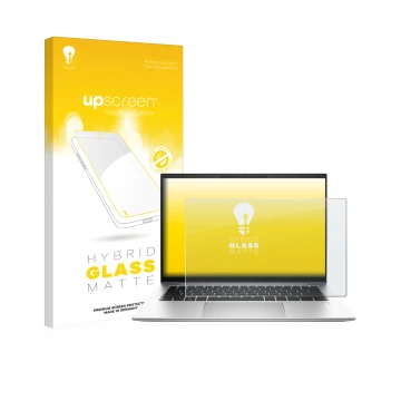 Parte frontal de un envase de producto con el logotipo de la marca upscreen. Al lado se muestra el dispositivo HP EliteBook 84