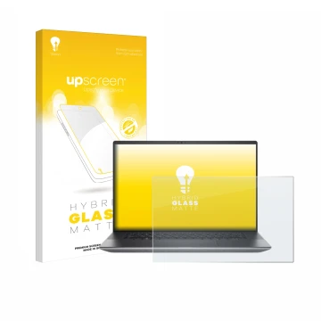 Parte frontal de un envase de producto con el logotipo de la marca upscreen. Al lado se muestra el dispositivo Dell Precision 