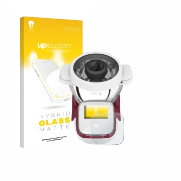 Parte frontal de un envase de producto con el logotipo de la marca upscreen. Al lado se muestra el dispositivo Moulinex i-Comp