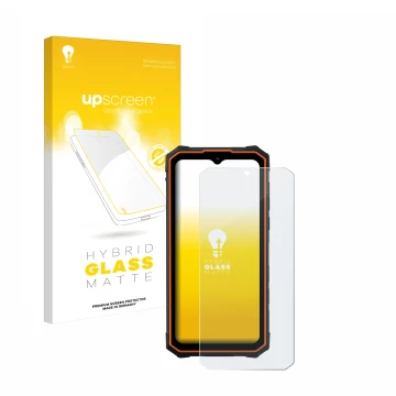 Parte frontal de un envase de producto con el logotipo de la marca upscreen. Al lado se muestra el dispositivo Hotwav Cyber 13