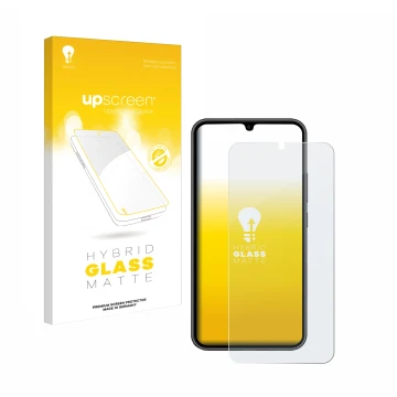 Parte frontal de un envase de producto con el logotipo de la marca upscreen. Al lado se muestra el dispositivo Samsung Galaxy 