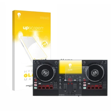 Parte frontal de un envase de producto con el logotipo de la marca upscreen. Al lado se muestra el dispositivo Numark Mixstrea