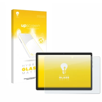 Parte frontal de un envase de producto con el logotipo de la marca upscreen. Al lado se muestra el dispositivo Facetel Q6 con 