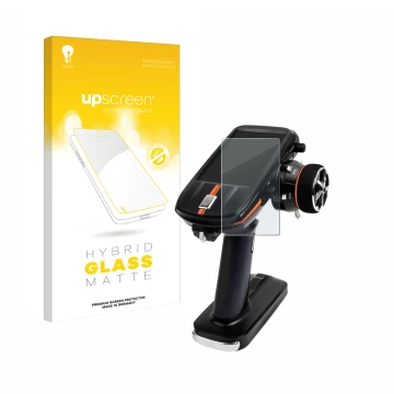 Parte frontal de un envase de producto con el logotipo de la marca upscreen. Al lado se muestra el dispositivo RadioLink RC8X 