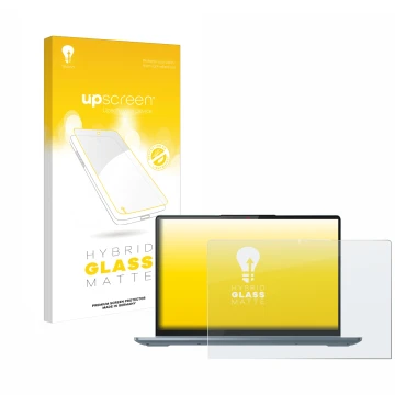 Parte frontal de un envase de producto con el logotipo de la marca upscreen. Al lado se muestra el dispositivo Lenovo IdeaPad 