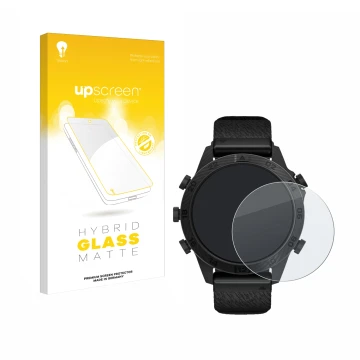Parte frontal de un envase de producto con el logotipo de la marca upscreen. Al lado se muestra el dispositivo Garmin Marq Com