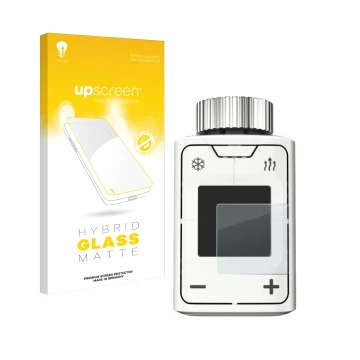 Parte frontal de un envase de producto con el logotipo de la marca upscreen. Al lado se muestra el dispositivo AVM FRITZ!DECT 