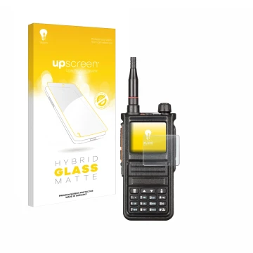 Parte frontal de un envase de producto con el logotipo de la marca upscreen. Al lado se muestra el dispositivo Radtel RT-470X 
